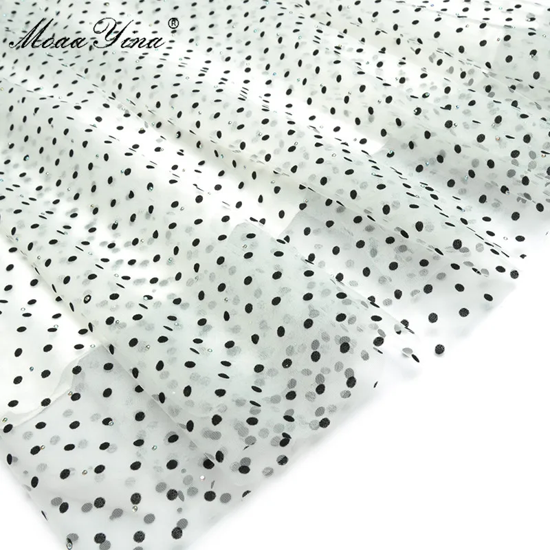 

MoaaYina Fashion Designer dress Summer Women's Dress Puff Sleeve lace-up Crystal Dots Mesh Party Dresses