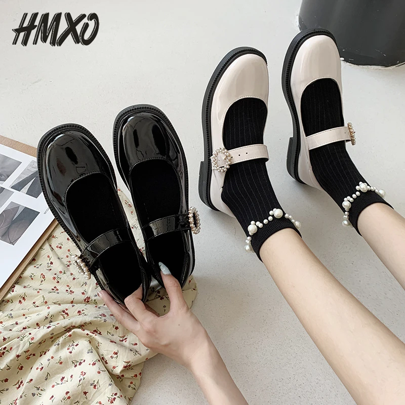 

HMXO hottie Round Toe Leather British Style Jk Black Thick-soled Buckle Mary Jane Shoes Single Shoes Rhinestone Flat Peas Shoes