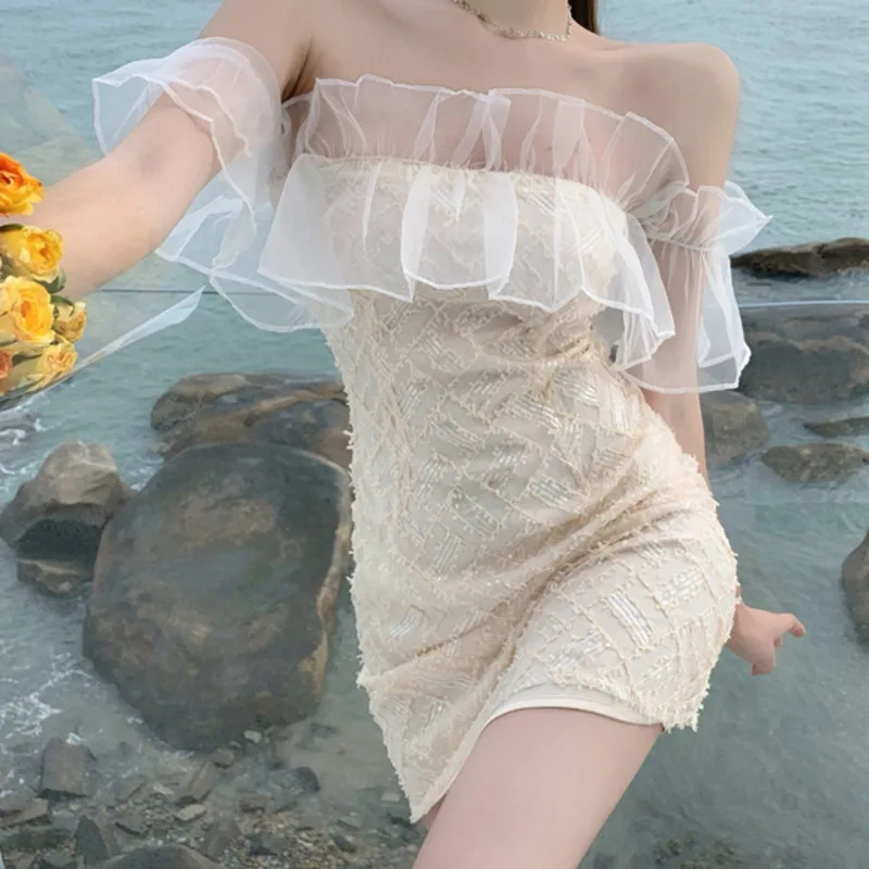 

Summer Women Sexy Off Shoulder Party Dress Elegant Lace Patchwork Vintage Mini Dress Casual Sequins Vestidos Mujer Verano 2021