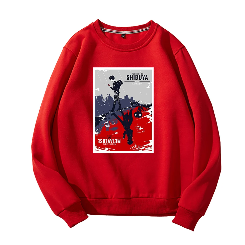 

SHIBUYA Red 2D Print O-Neck Sweatshirt Harajuku Round Collar