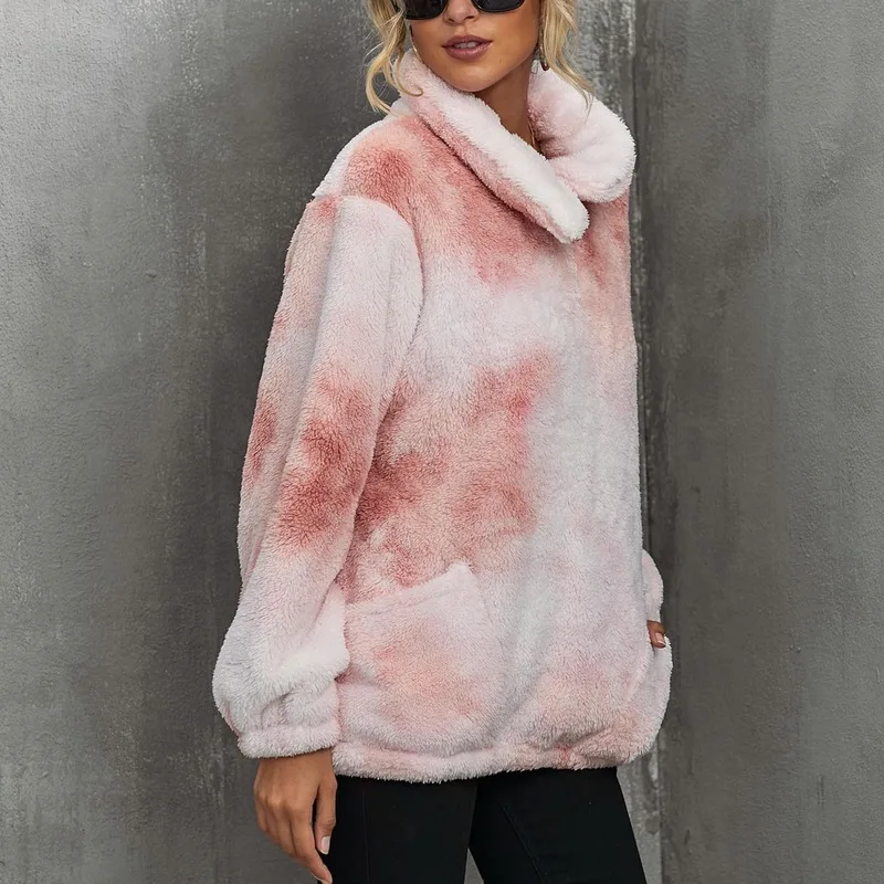 

Ladies Autumn and Winter Long-sleeved Fashion Coat Plush Pocket Long Coat Women Pocket Casual Tie Dye Hooded Pullover Sweatshirt