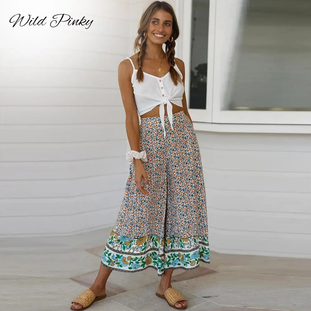 

WildPinky Boho Style Summer Women Floral Print High Waist Long Wide Leg Pants Loose Maxi Trousers Lady Streetwear Casual Pants