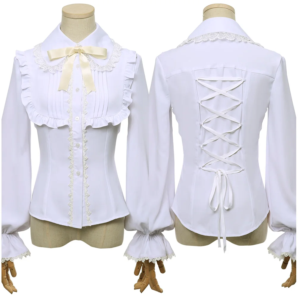 

Women Girls Shirt Lolita Shirt Blouse Sweet White Lace Shirt Long Sleeve Tops Vintage Ruffle Stand Up Collar Blouses
