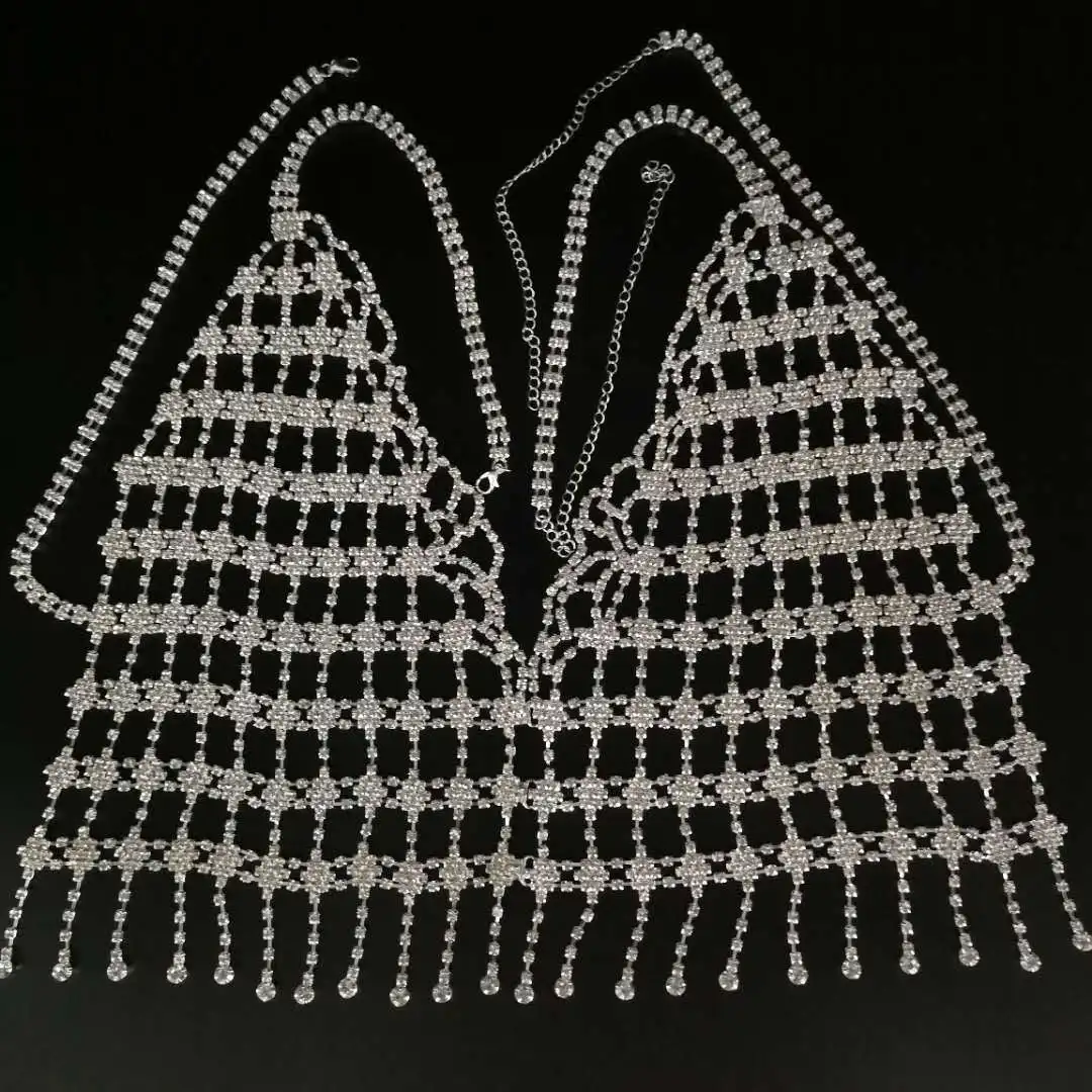 

Luxury Diamond Chain Patchwork Crop Tops Women Glitter Silver Backless Rhinestone Cami Cropped Tassel Top