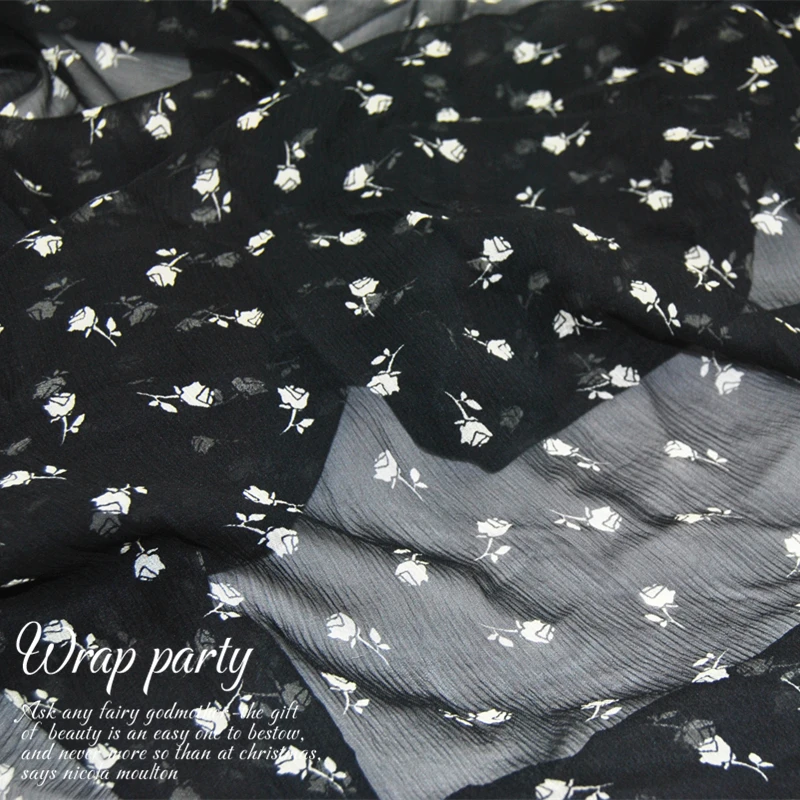 Silk Georgette Chiffon Fabric Dress 8 momme Wide Black and White Floral   Skirt Shirt   DIY Patchs Sewing