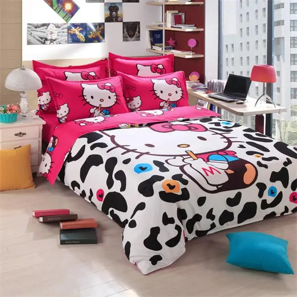 Лучший. WENSD роскошный 3d постельное белье из хлопка с рисунком «hello kitty» 3/4 шт., простыня, пододеяльник, со шнурком, комплекты «king», «queen» Детская мультяшная одежда