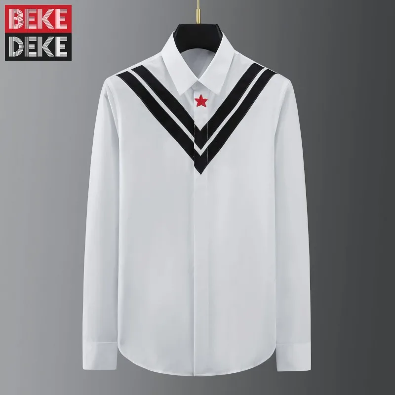 

Рубашка мужская весенняя, повседневная Вечерние с длинным рукавом, в полоску, с вышивкой