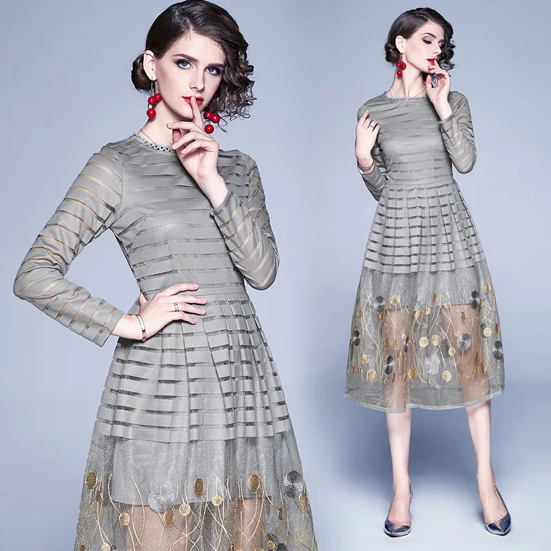 

2020 Women Midi Dress Summer Elegant Flower Embroidery Lace Grey Long Sleeve O-neck Party Dresses Female Slim Office Dress