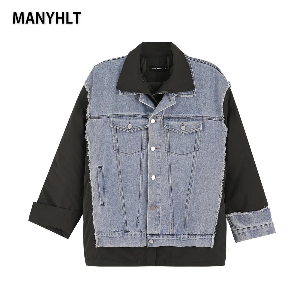 

MANYHLT Autumn Jeans Splicing Lapel Cotton Clothes Men's Fashion Style Thickened Color Matching Cotton Clothes Trend Loose Coat