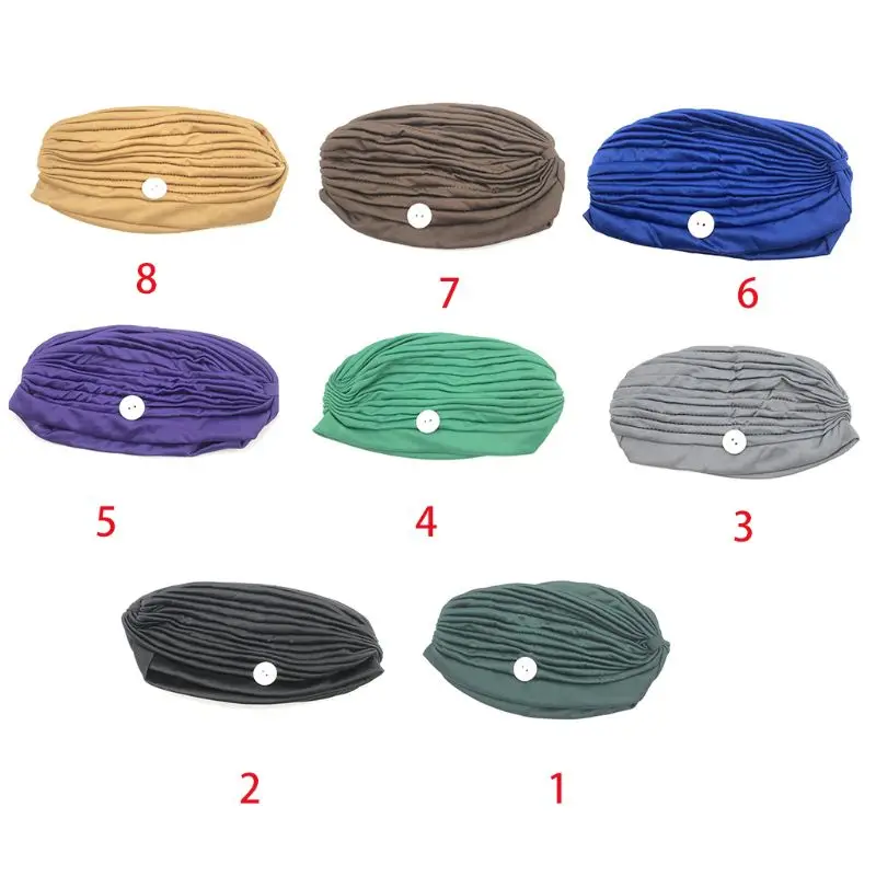 

Women Sport Turban Hat with Button Mask Holder Pleated Solid Color Beanie Cap LX9E