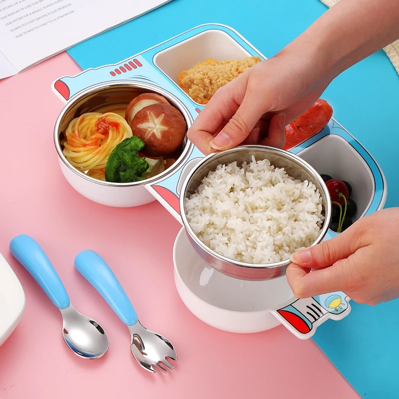 

Children Tableware Set Stainless Steel Dishes Baby Feeding Plate Spoon Fork Cute Cartoon Car Shape Bowl Hot Sell