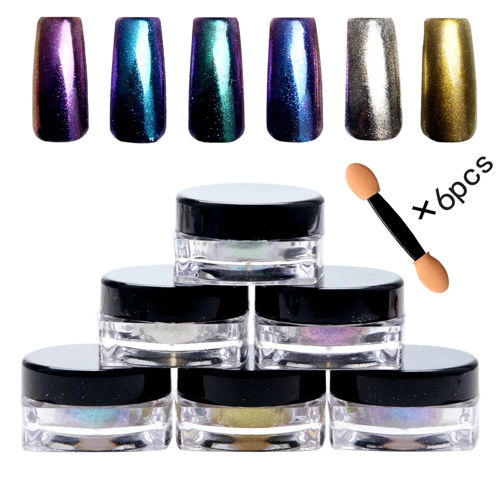 6 Bottles/set Magic Mirror Powder With Brush Ultrafine Aluminium Chrome Pigment Nail Glitters Sequins DIY Decoration Tools | Красота и
