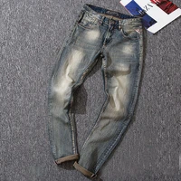 european vintage fashion men jeans retro wash elastic slim fit frayed ripped jeans men distressed designer casual denim pants