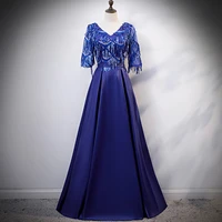 blue bride v neck party wedding dress women elegant slim floor length mesh tassel wedding qipao luxury long gown vestido