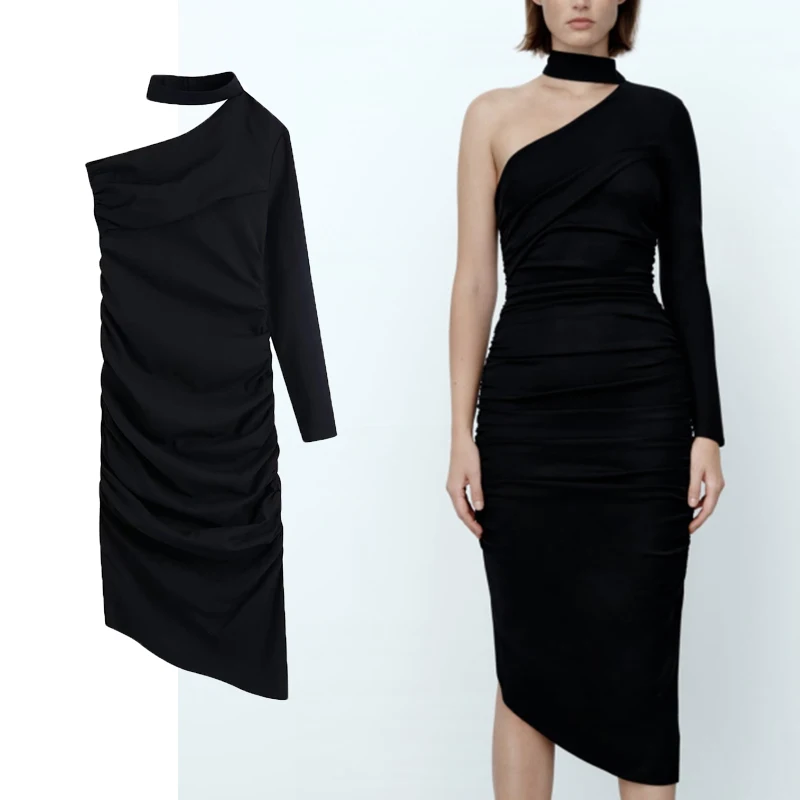 

ZA Spring Summer Women Solid Asymmetrical Dress 2022 New One-Shoulder Elegant Pleated Tops Folds Party A-line Fashion Outfits