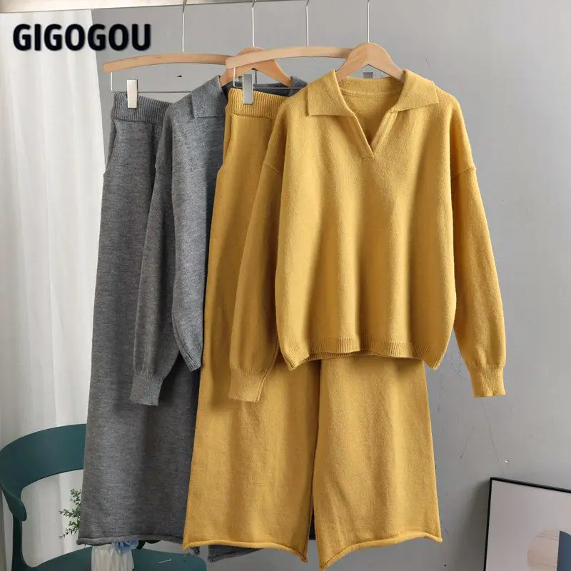 GIGOGOU/женский свитер с воротником поло спортивные костюмы трикотажные широкие