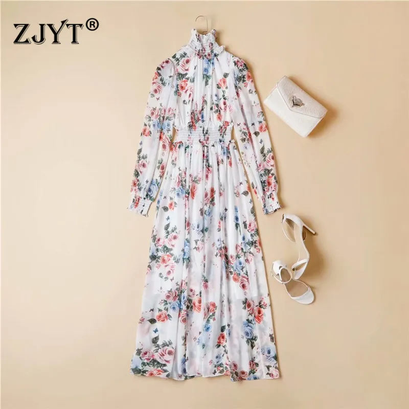 

Ruffled Collar Floral Print Chiffon Long Dress Runway Fashion Spring Robe Elegant Women Maxi Party Bohemian Beach Vestidos