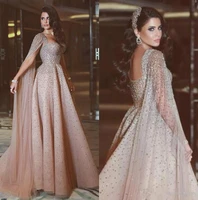 new champagne rhinestone prom dresses crystal beaded formal evening dress with cape floor length custom made evening gowns