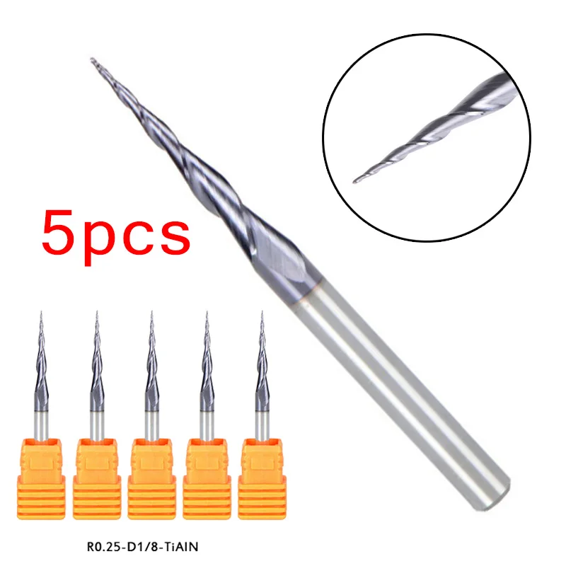 

Ball End Mill Milling 2 Flutes 5x 5pcs Radius 0.25mm 1/8 Shank Tapered