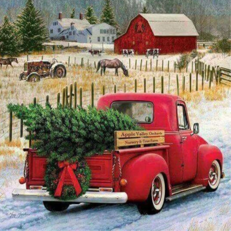 

Набор для алмазной живописи 5D «сделай сам», мозаика с красным грузовиком для переноски рождественской елки, украшение для дома из смолы, руч...