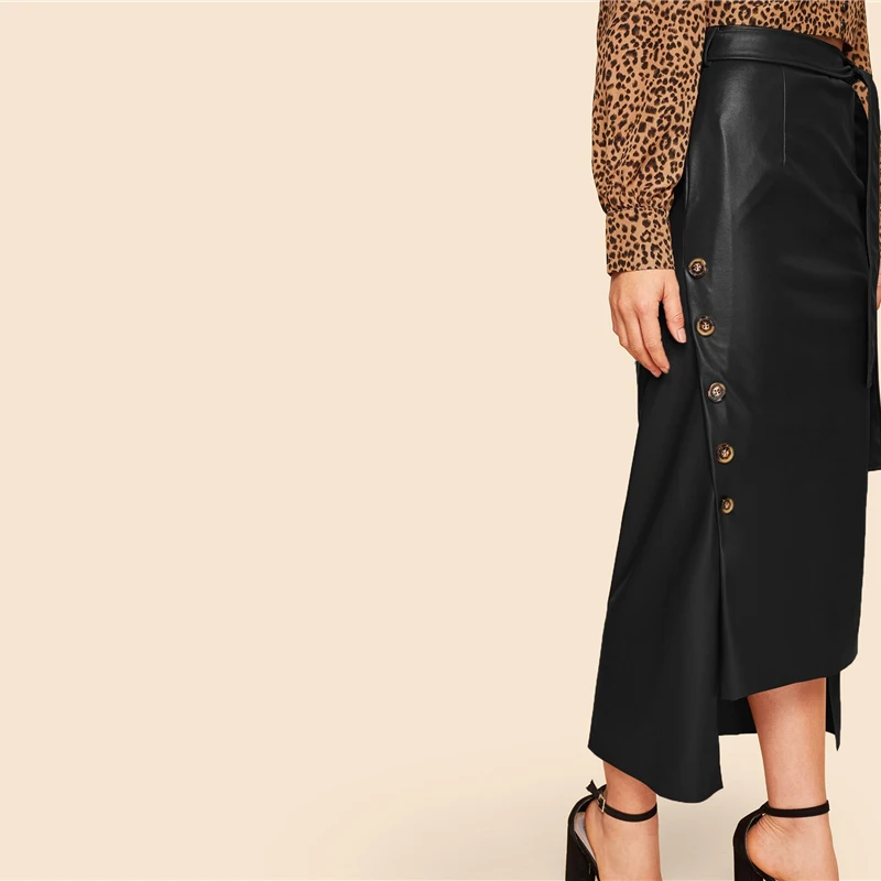 SHEIN Двубортная Асимметричная PU Юбка В Стиле 60-Х Годов С Поясом Женская Осенняя Коричневая Гламурная Юбка С Пуговицами