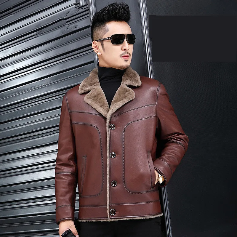 

Winter Jackets Real Wool Fur Liner Sheepskin Leather Jackets Men Shearling Lapel Slim Natural Wool Fur Coat Men Clothes