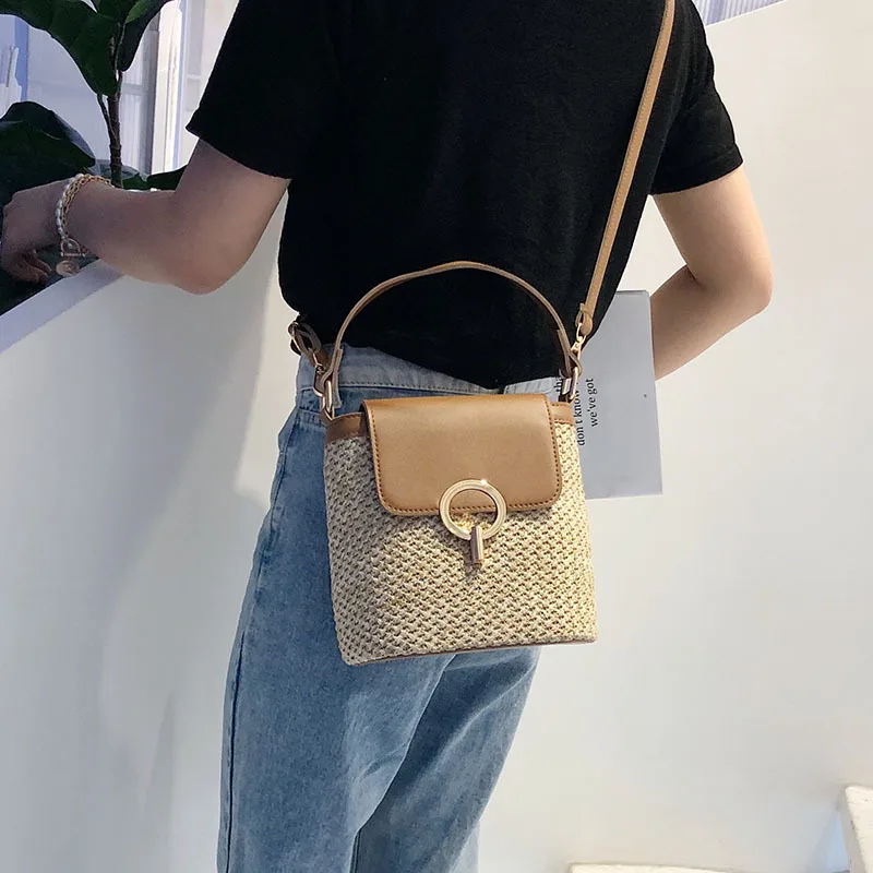 Маленькая Соломенная Сумка ведро для женщин модные сумки через плечо женские