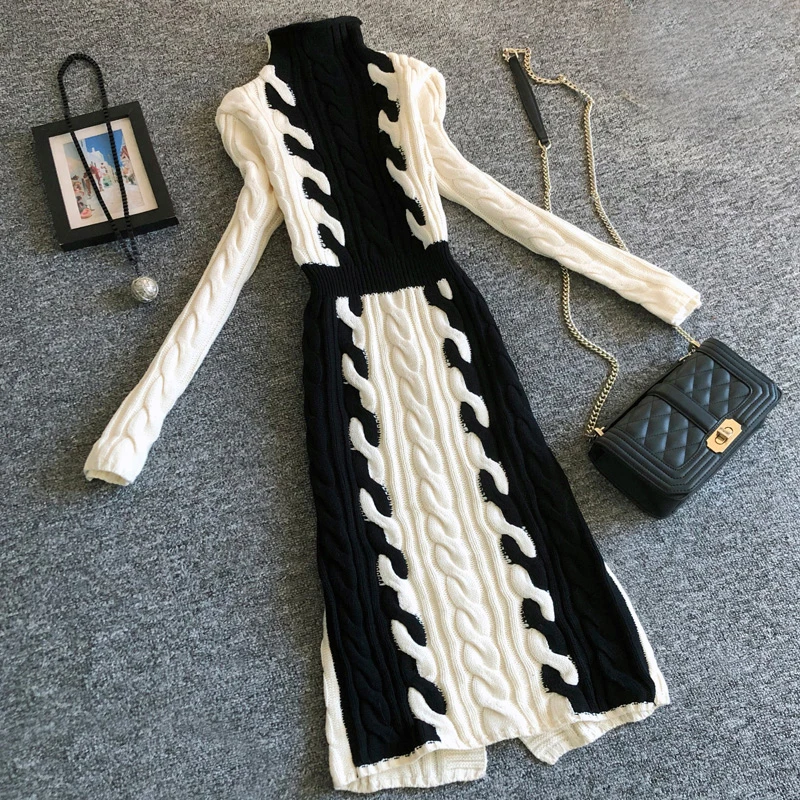 Flectit High Fashion Women Color Block Ribbed Knit Turtleneck Long Sweater Dress Sleeve Fall Winter Lady Outfit * | Женская одежда