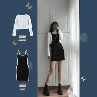 two pieces skirt set black suspender dress white high waist top slim 2021 early spring cool girl two piece suit skirt set