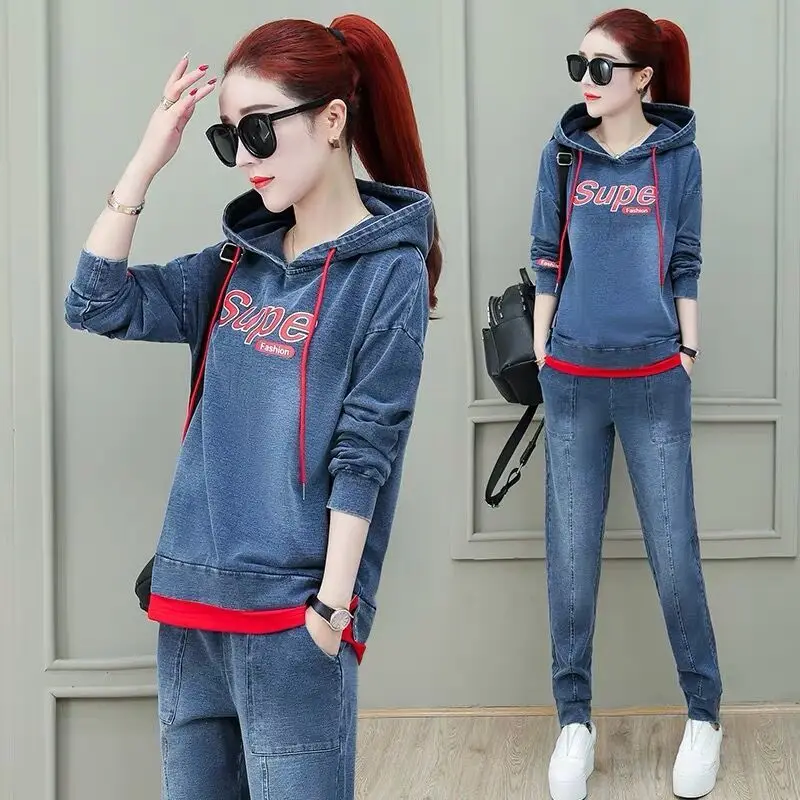 Джинсовый комплект из 2 предметов на осень женский свободный костюм большого