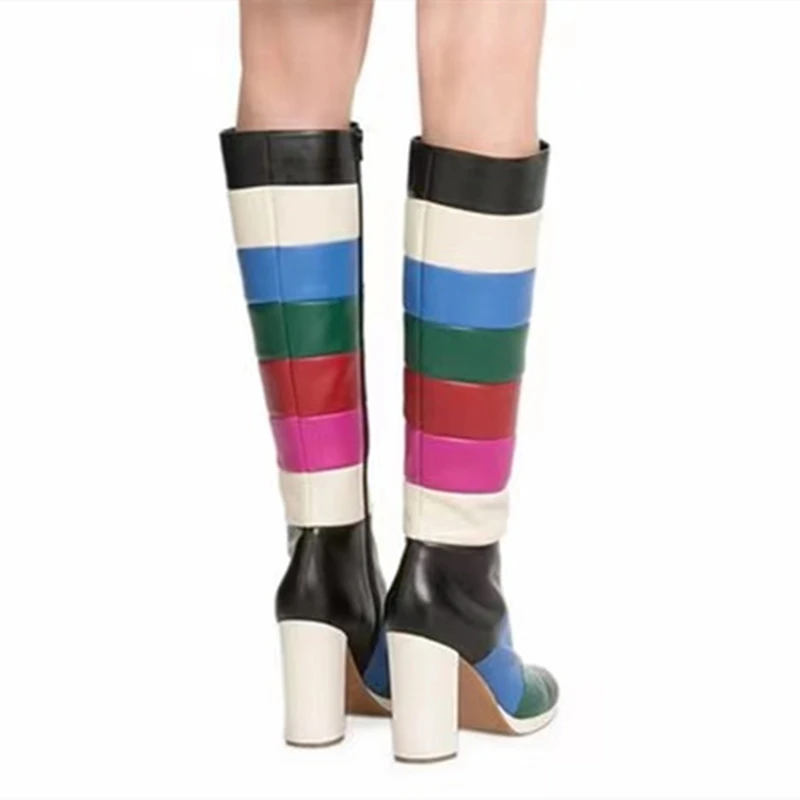 Mixed Print New Model Heels Shoes Boots Gradient Color Fashion Women's Knee High Boots Round Toe Zip Big Size 46