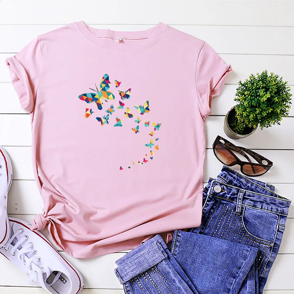 

Summer Oversized Black T Shirt Butterflies Print Tshirt O Neck Short Sleeve Graphic Tee 100%Cotton T-shirt Women Tops