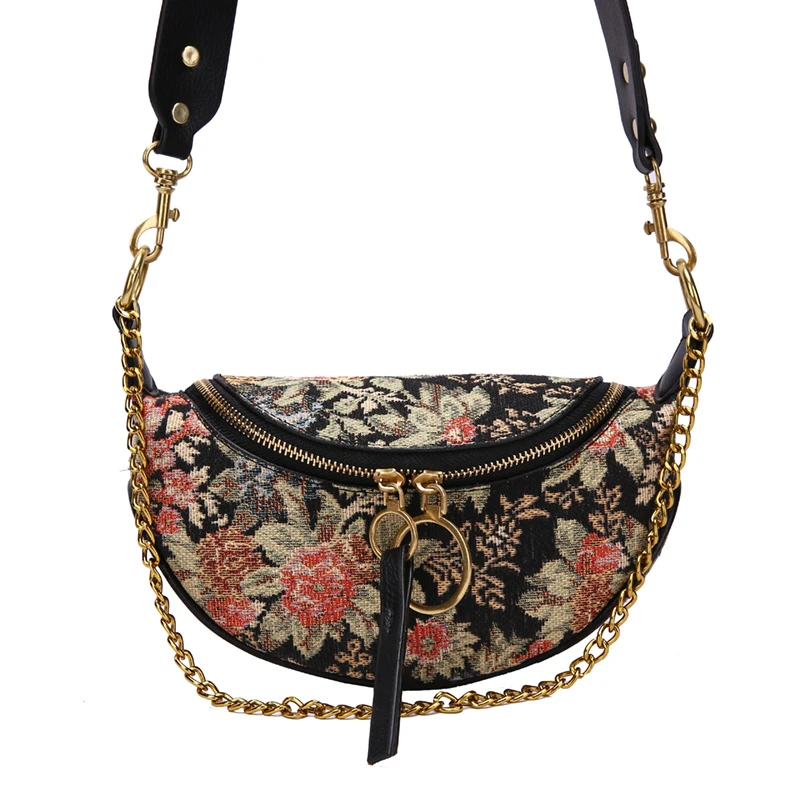 

Women Crossbody Bag Half Moon Casual Chain Shoulder Bag Travel Fashion Bags Canvas Zipper Female Chest Packs
