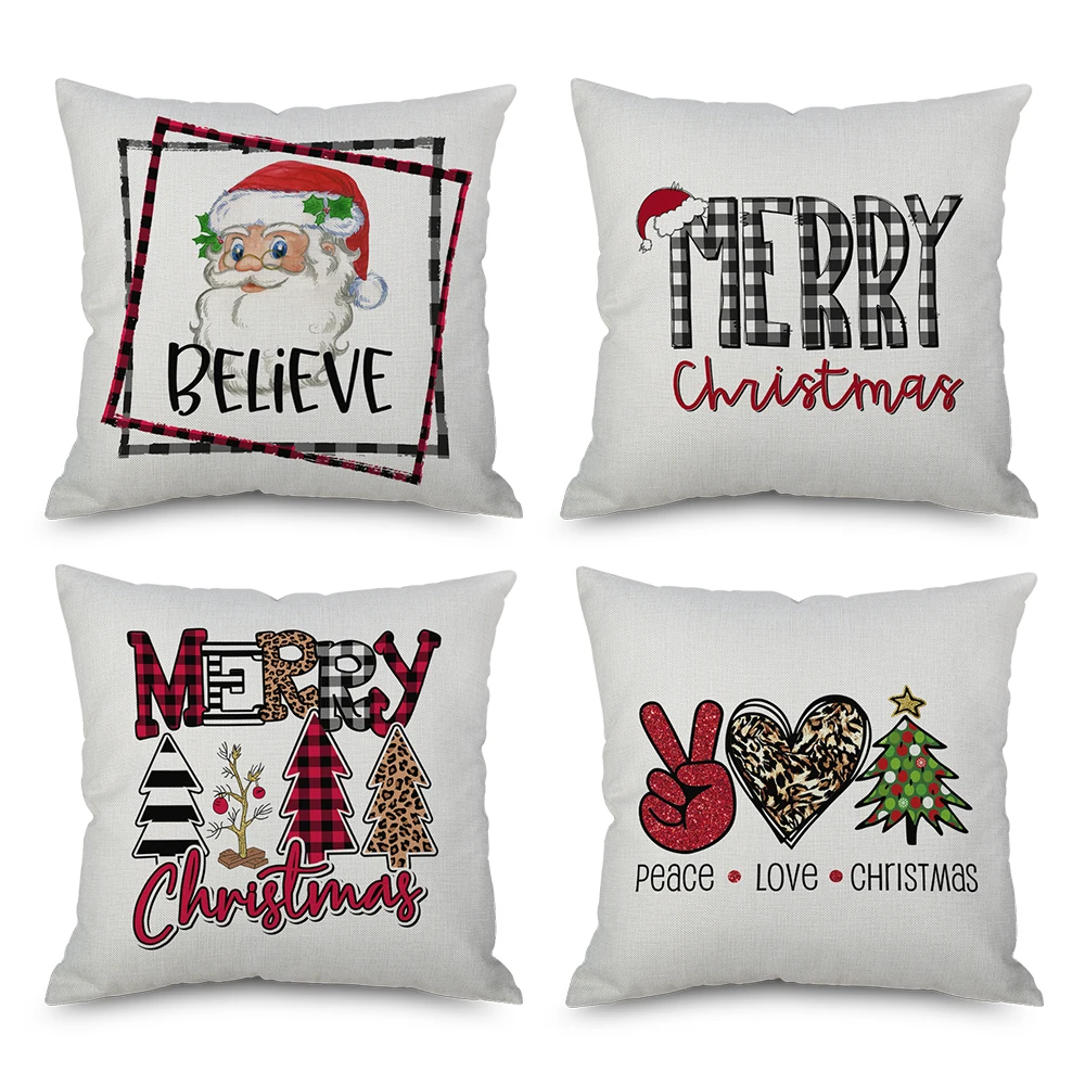 Merry Christmas Throw Linen Pillow Cover 18 x 18Inch Winter Holiday  Cushion Pillow Cases for Sofa Couch Set of 4 No filler