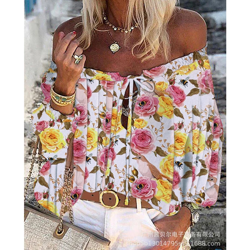

WEPBEL Women's Elegant Floral Print Blouse Shirt Top Ladies Casual Fashion Long Sleeve Off Shoulder Bandage T-shirt