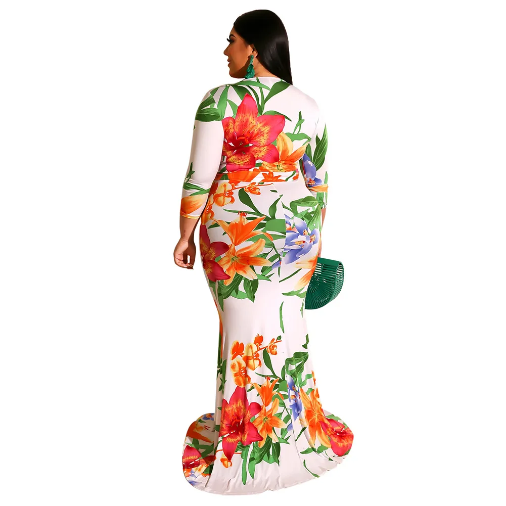 Женское длинное облегающее Макси платье с цветочным принтом и поясом в