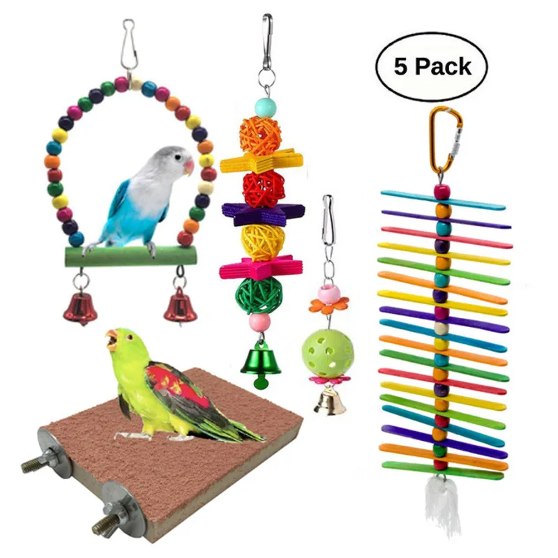 

5pcs Cute Pet Parrot Hanging Toy Chewing Bite Rattan Balls Swing Bell Bird Parakeet Cage Accessories Interactive Pet Supplies