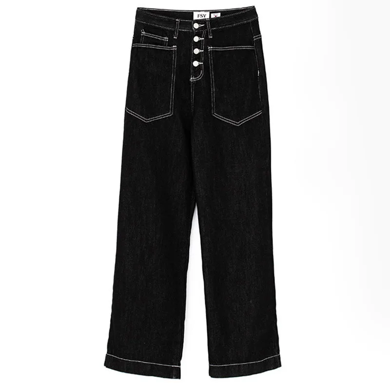 

[DEAT] High Elastic Waist Trousers New Loose Fit Wide Leg Pants Women Black Full Pants Fashion Tide Spring Summer 2021 7E0808