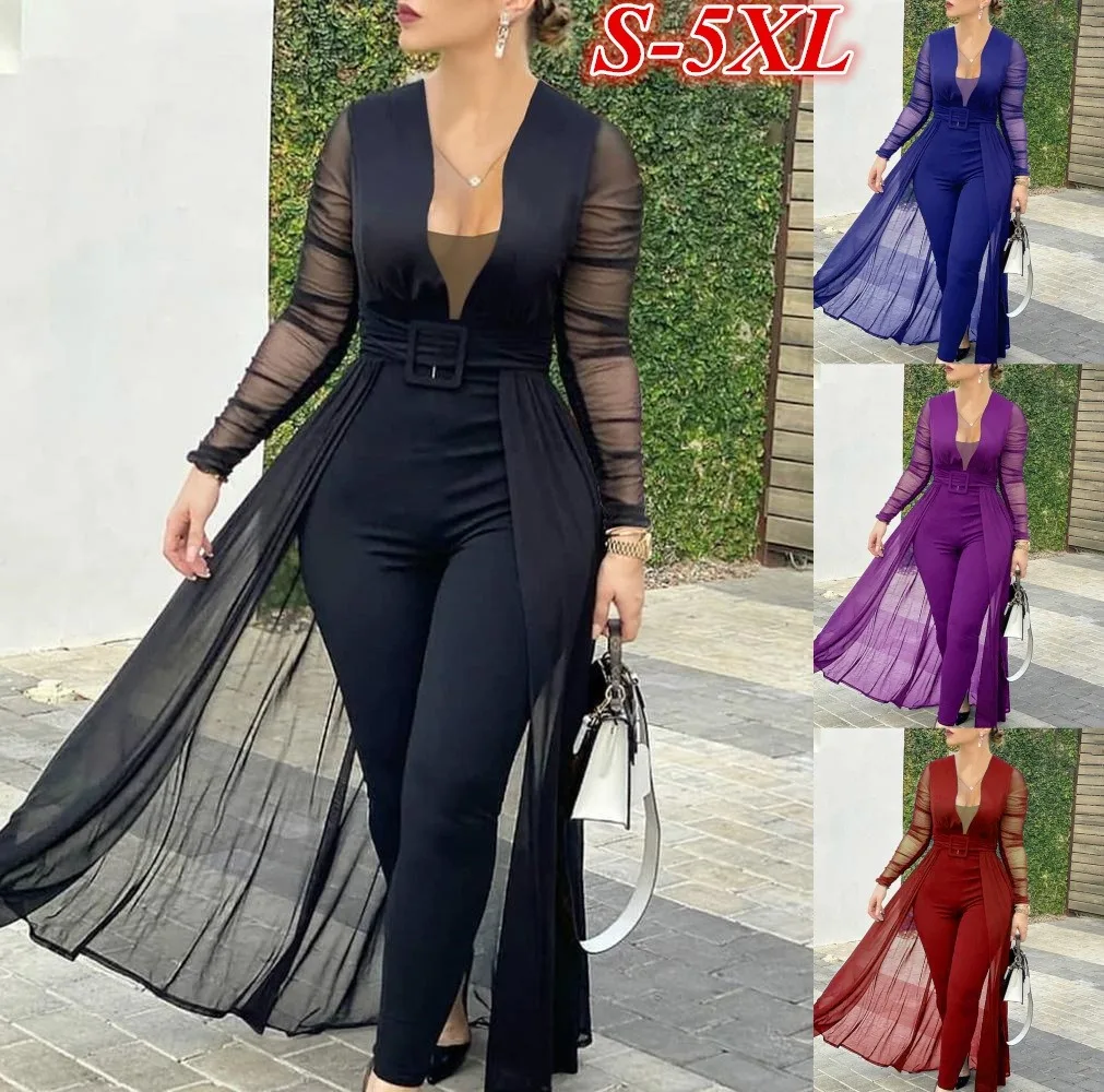 

Women Solid Color V-neck Belted Jumpsuits Skinny Rompers See Through Transparent Long Sleeve Sexy Plus Size Bodysuit Overall