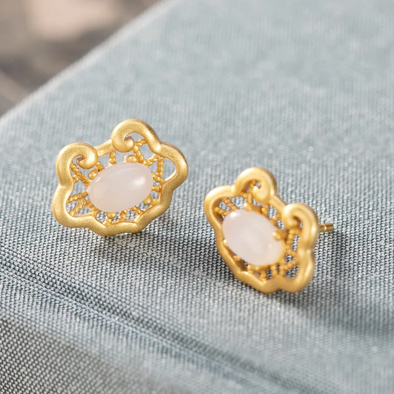 

Natural 925 sterling silver gilded inlaid hetian jade white jade retro simple earrings jewelry simple individuality for women