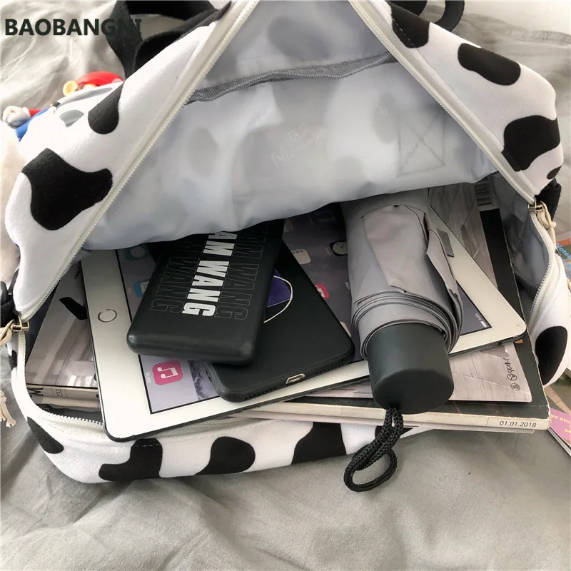 

New Lovely Cow Spotted Women Backpack Female Suede Multi-function Travel Bag Transparent Front Pocket Small Schoolbag