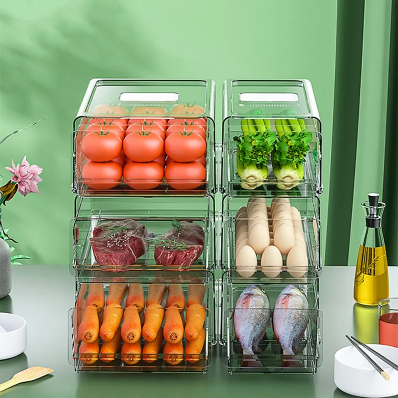 

Stackable Plastic Food Storage Bins With Drainage Hole Refrigerator Organizer Cabinets-Clear Plastic BPA-Free Food Storage. Rack