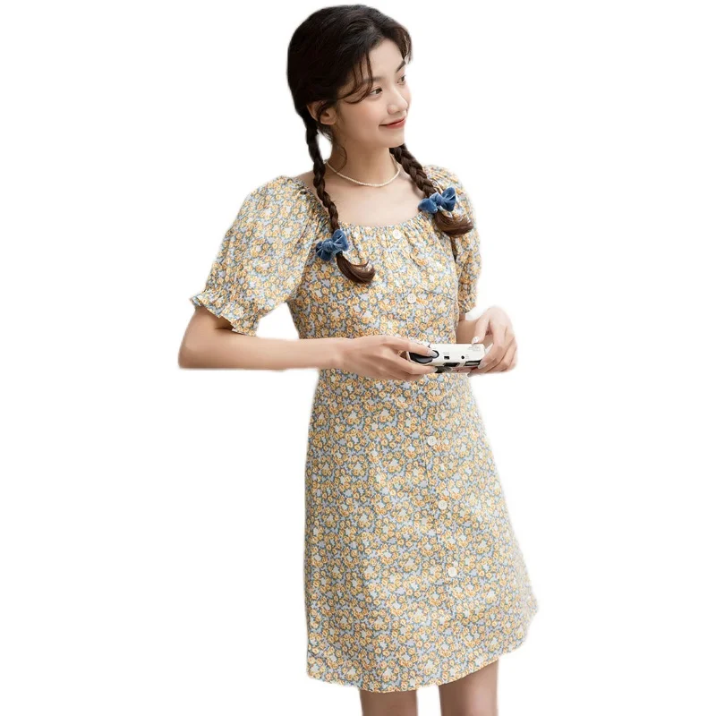 

GRUIICEEN Summer Vintage Floral Dresses For Women Elegant Sweet Backless Hollow Out Puff Sleeve Short Dress