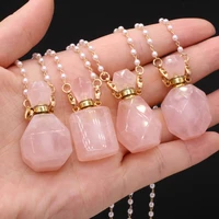 fine natural pink quartzs perfume bottle necklace stainless steel chain for women girls party necklace jewelry gifts