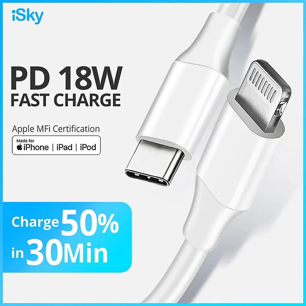 Кабель iSky MFi type C для освещения iPhone 11X8 7 6 5 XR XsMax Pro PD Быстрая зарядка C94 MFi сертифицированная Синхронизация данных для Macbook