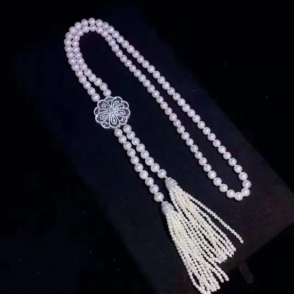 Ручной работы: 8-9 мм белый натуральный пресноводный жемчуг микро декор циркон