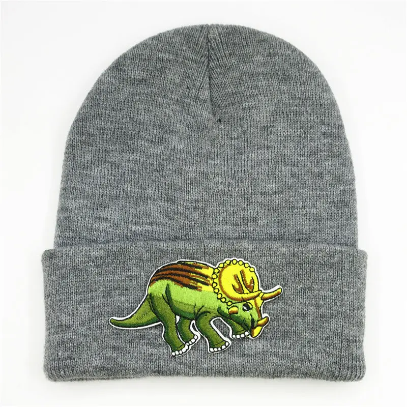 Хлопковая утепленная вязаная шапка с вышивкой животного динозавра зимняя теплая