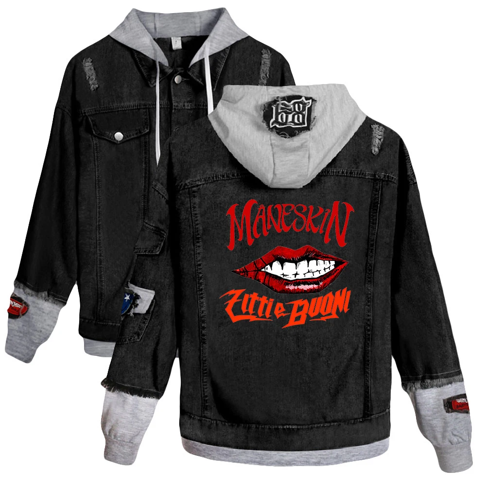 

Maneskin print autumn and winter Holiday Preppy Style Men/Women Street clothes Denim HIP HOP Streetwear Hooded fleece