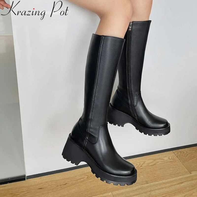 

krazing pot comfortable fashion cow leather high heels platform stretch boots zipper casual elegant increased knee-high boots
