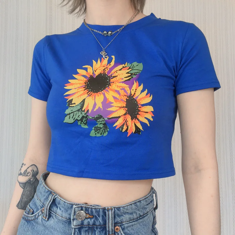

Flower Printed 2021 Cotton Women T Shirt Summer Korean Short Sleeve Girls Sexy Crop Tops Harajuku Streetwear Female TShirt D104